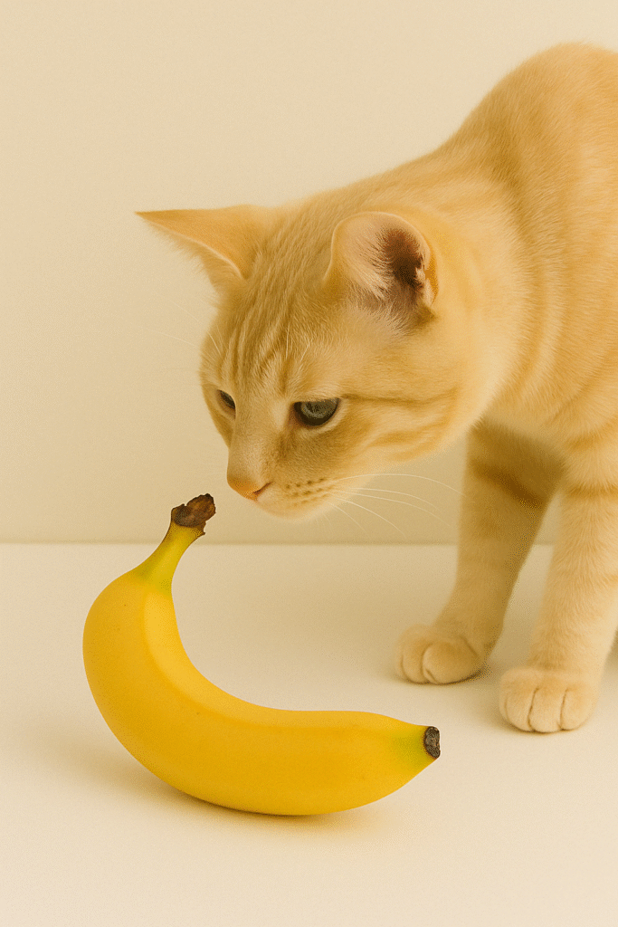 Kan katter äta banan? En bild på en katt som doftar på en banan