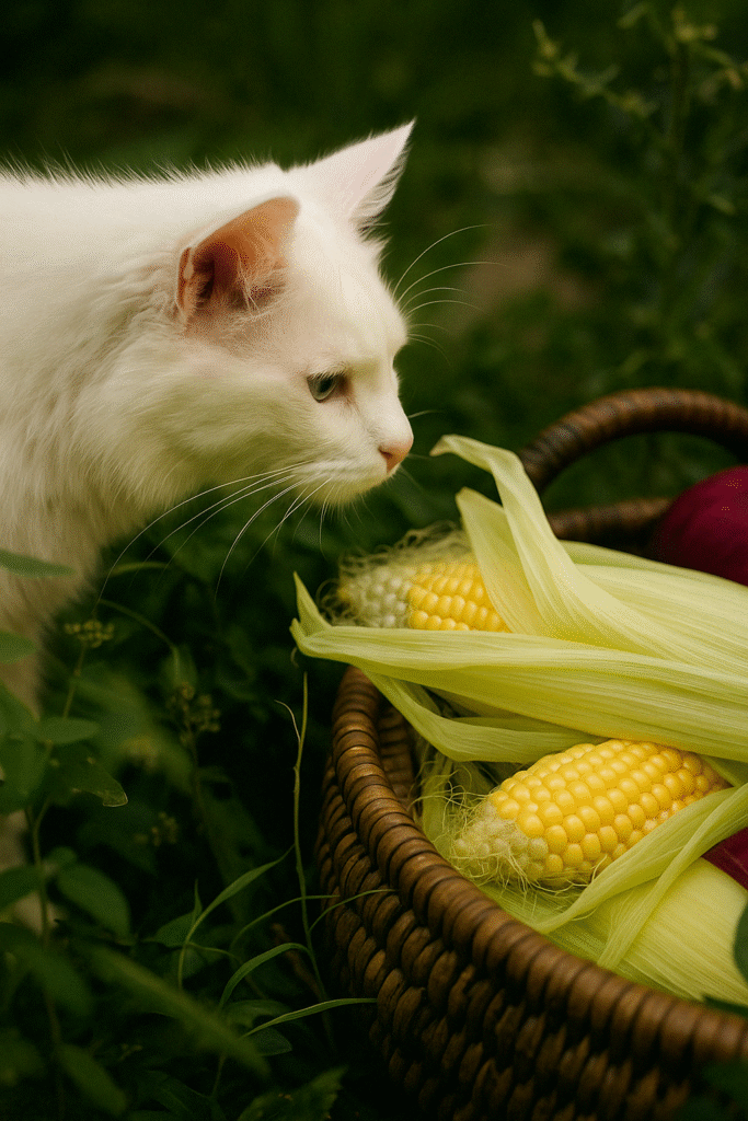 Kan katter äta majs? En katt som doftar på majs