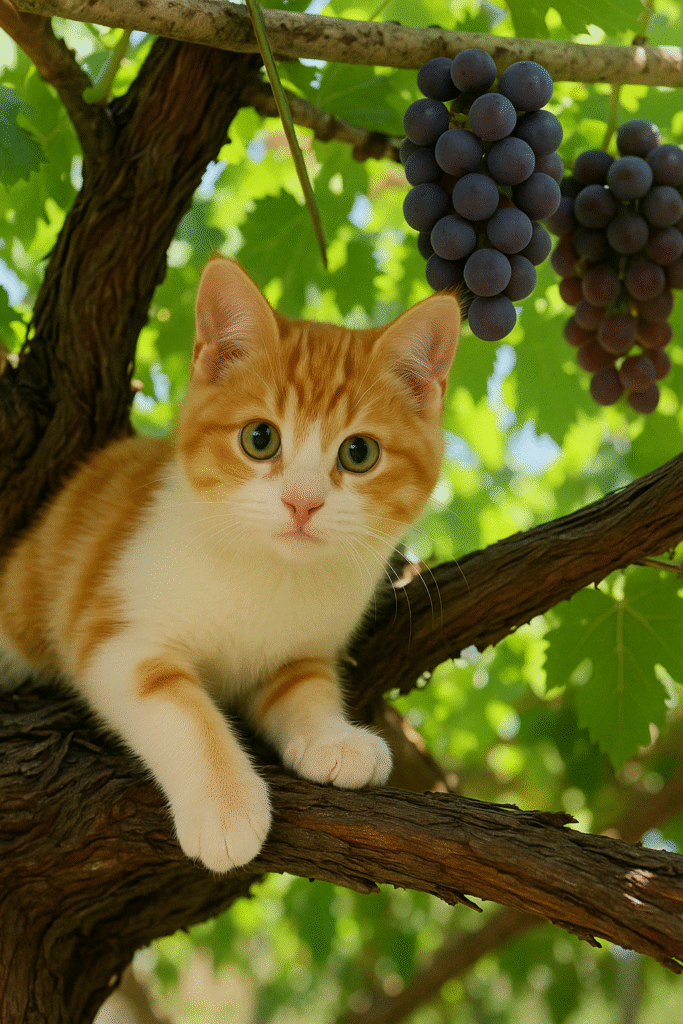 Kan katter äta vindruvor? En bild på en katt som sitter i vinranka