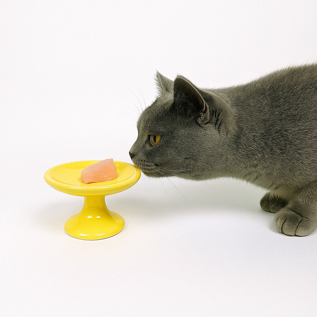 Kan katter äta rå kyckling? En bild på en katt som doftar på rå kyckling